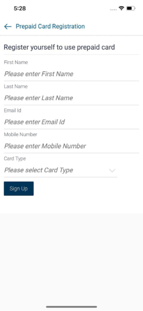 Aman Mobile - Um formulário de registro para um cartão pré-pago no aplicativo Aman Mobile