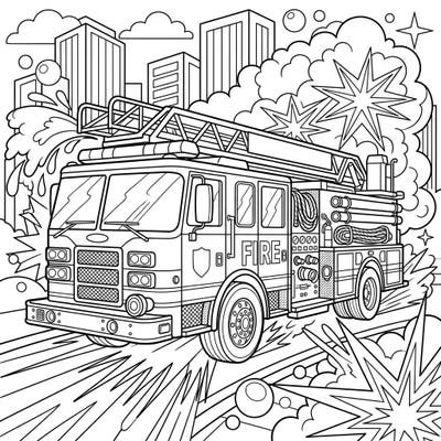 Get ready for an exciting coloring journey with this dynamic Pop Art fire engine. Designed for kids aged 4-8, it features bold outlines and a vibrant city scene, perfect for budding artists.