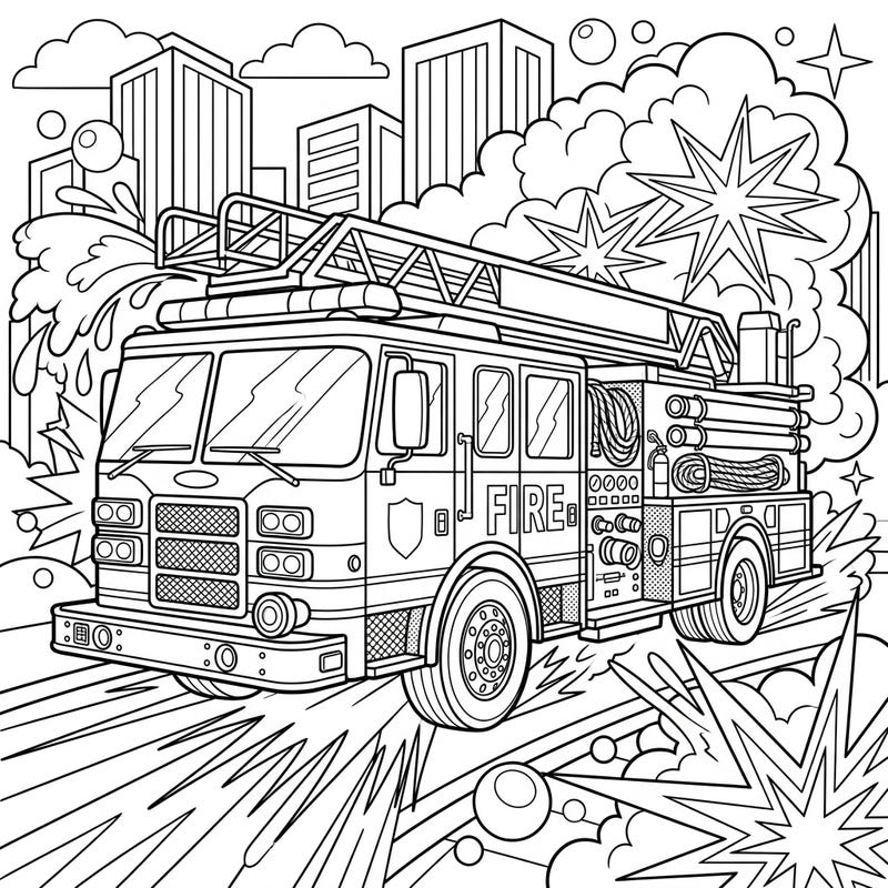 Get ready for an exciting coloring journey with this dynamic Pop Art fire engine. Designed for kids aged 4-8, it features bold outlines and a vibrant city scene, perfect for budding artists.