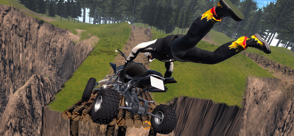 ATV Quad Racing Sim - A player performing a mid-air stunt on an ATV over a canyon gap in a forest
