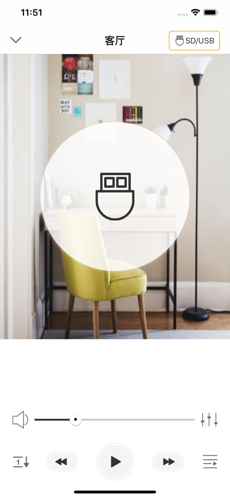 Interface do aplicativo Control X mostrando controles de reprodução de áudio para uma sala de estar usando uma fonte USB