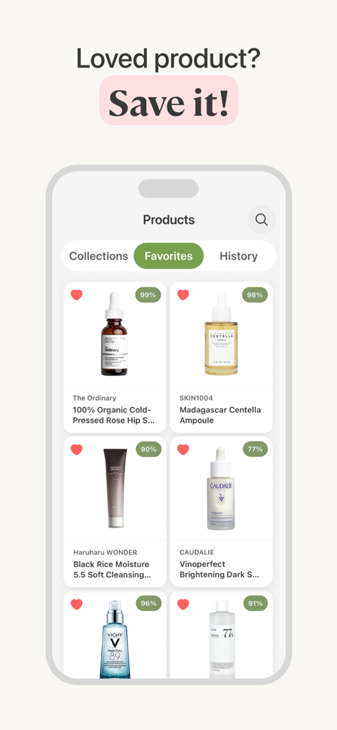 Lumi Skin:The Skincare Scanner - Lumi Skin app interface showing a grid of saved favorite skincare products with compatibility scores