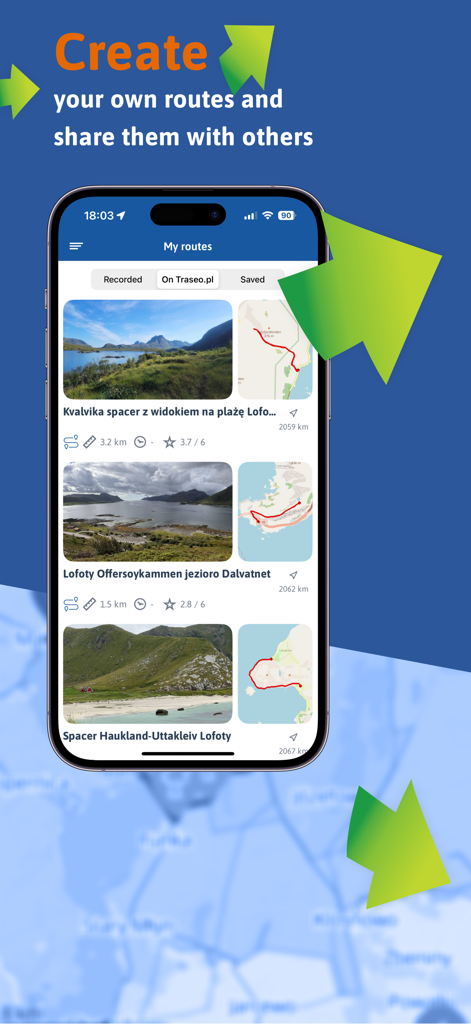 Traseo mobile app screen showing a list of saved hiking routes with trip photos and maps.