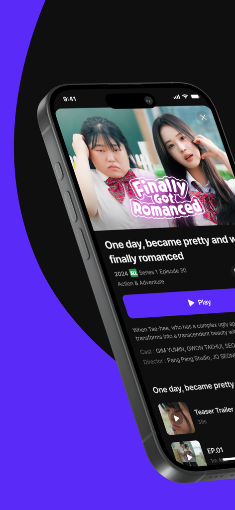 A mobile phone showing the Shortime app interface with a K-Drama titled Finally Got Romanced