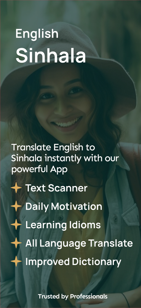 English to Sinhala Translator - Promotional screen for English to Sinhala translator app featuring text scanner and learning tools