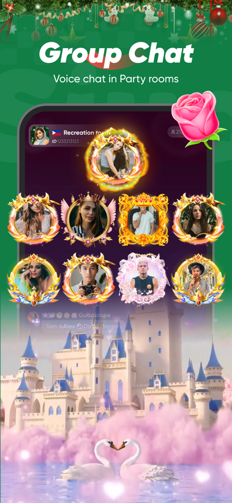 Siya app mobile interface showing a group voice chat room with user profiles in decorative gold frames over a fantasy castle background