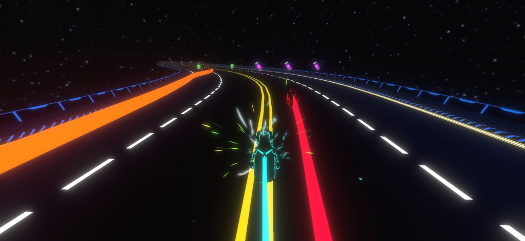 Una moto de luz de neón compitiendo en una pista futurista de ciencia ficción con estelas brillantes y fondo estrellado