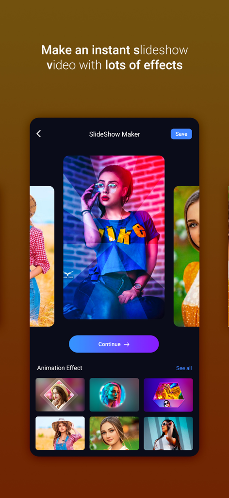 Interface of Slideshow Maker app showing various animation effects for photos