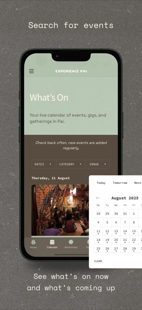 Experience Pai - Experience Pai app interface showing a live calendar and event search for local gatherings and workshops.