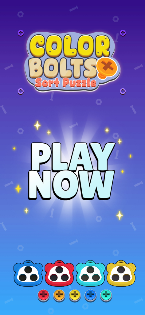 Color Bolts Sort Puzzle game start screen with a prominent Play Now button and colorful bolt icons.