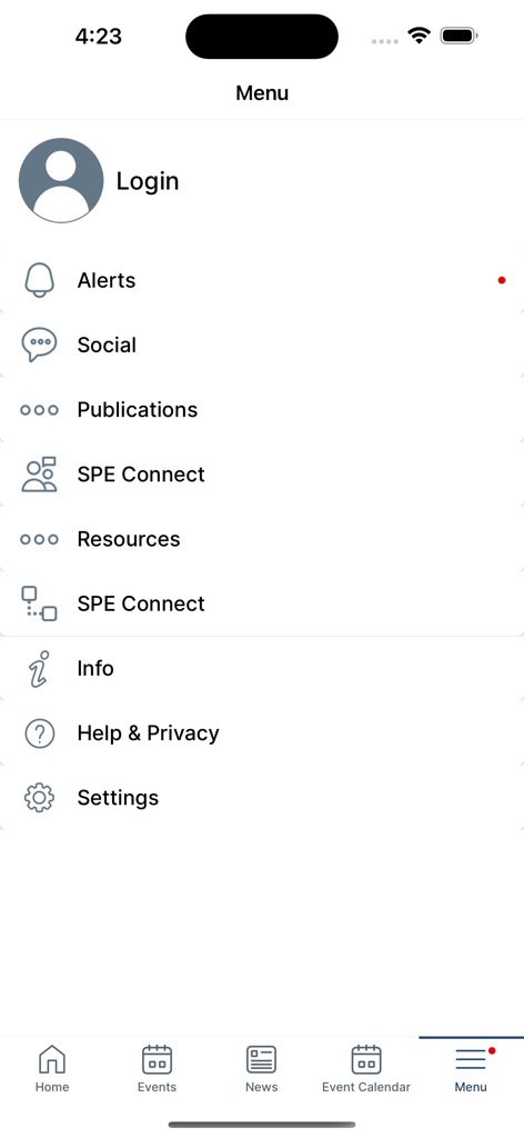 SPE International - Schermata del menu dell'app SPE International con collegamenti a risorse professionali come pubblicazioni, SPE Connect e avvisi.