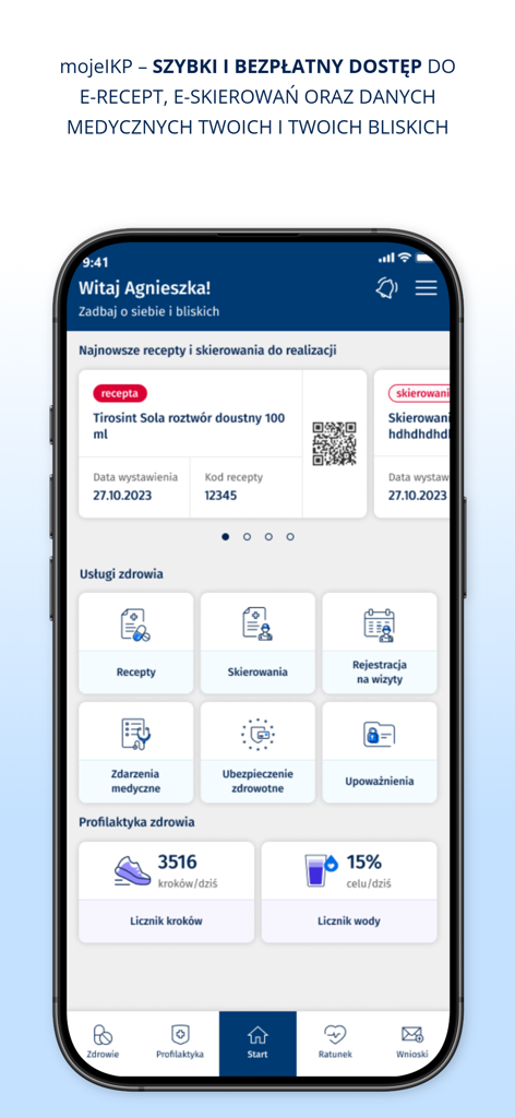 mojeIKP - log in to health - The main dashboard of the mojeIKP mobile app showing electronic prescriptions, health services, and health tracking features.