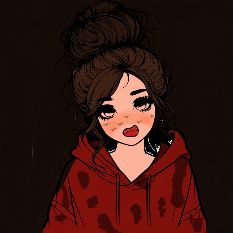 realistic girl with a massy bun and a hoodie