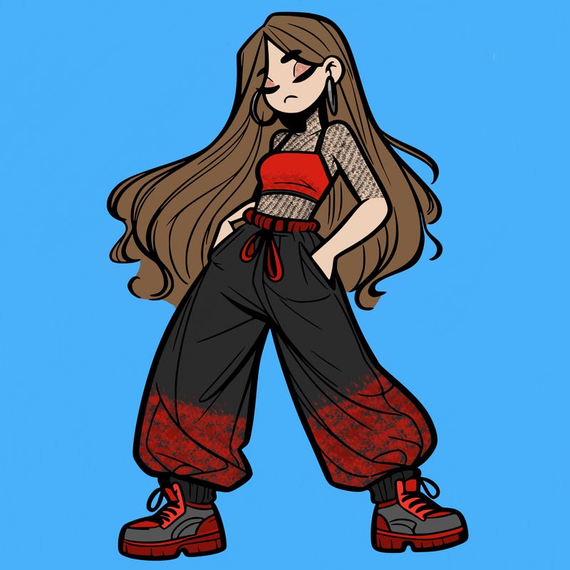 girl in baggy pants crop top and long hair