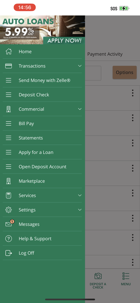 Navigationsseitenleiste der FMFCU Mobile App mit Banking-Optionen wie Zelle, Scheckscheckeinlage und Darlehensanträgen.