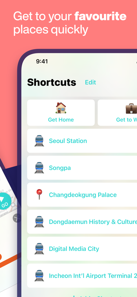 Seoul Metro Subway Map - A screenshot of the Seoul Metro Subway Map app showing a shortcuts menu with destinations like Seoul Station and Changdeokgung Palace