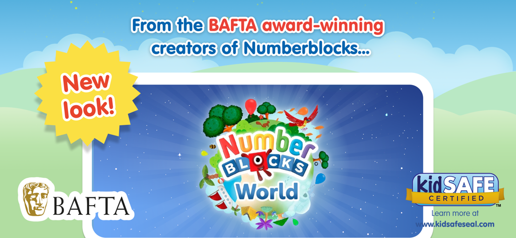 Numberblocks World - Banner promocional de Numberblocks World con los logotipos BAFTA y kidSAFE certified.