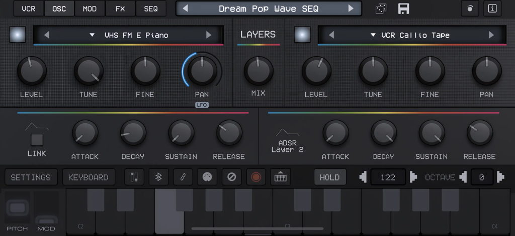 The King of VHS VCR Synth interface featuring dual sound layers and retro synth controls