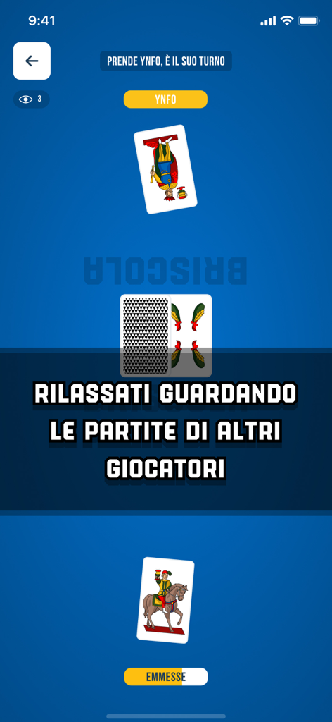 A screenshot of the Briscola SUPER app showing the spectator mode where users can watch others play the Italian card game.