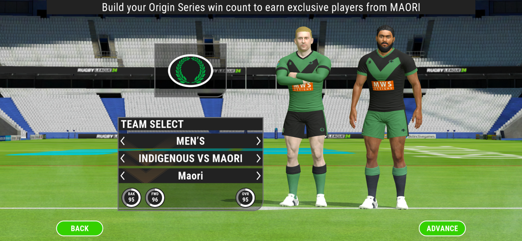 Rugby League 24 - A team selection menu in the Rugby League 24 app featuring Maori players in a stadium