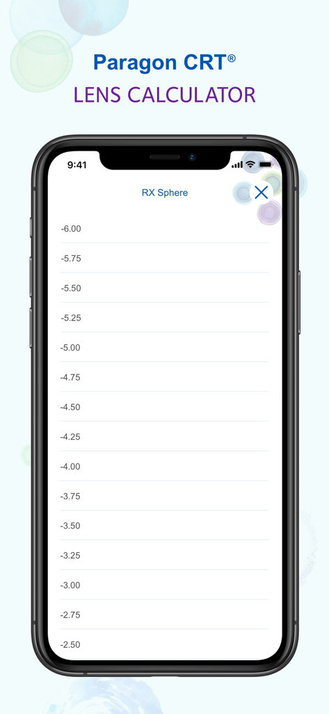 Paragon CRT 렌즈 계산기 모바일 앱의 RX 구면 선택 화면