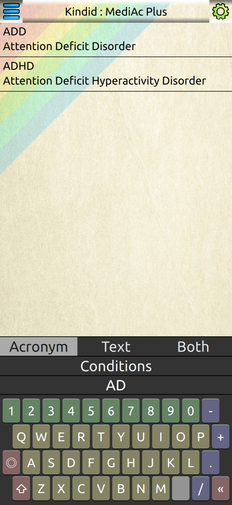 MediAc Plus - MediAc Plus App-Oberfläche mit Suchergebnissen für die medizinischen Akronyme ADD und ADHD