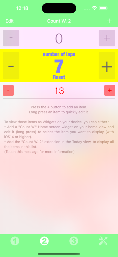 Count Widget app interface showing multiple customizable counters for tracking habits or tasks