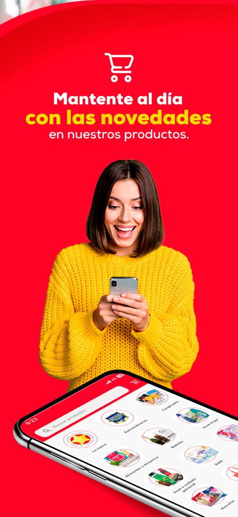 Tiendas D1 App - App-Bildschirm zeigt Tiendas D1-Produktkategorien und eine Frau, die die App auf ihrem Smartphone durchsieht