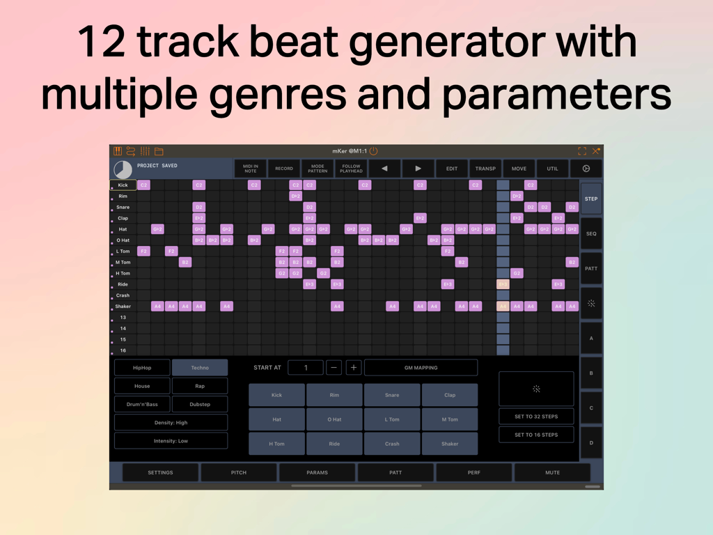 mKer - The mKer app interface showing a 12-track MIDI beat generator with drum patterns and genre selection buttons.