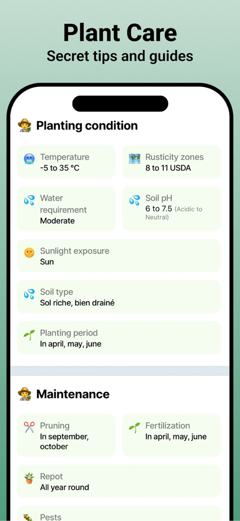 Jungle: Plant Identification - Detailed plant care screen showing planting conditions and maintenance schedules.