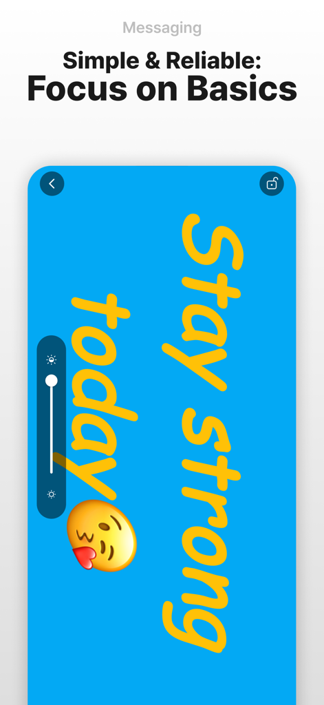 Fave LED: Banner & Scroller - Digitales LED-Banner, das eine gelbe handschriftliche Nachricht "Stay strong today" auf blauem Hintergrund mit einem Helligkeitsregler anzeigt