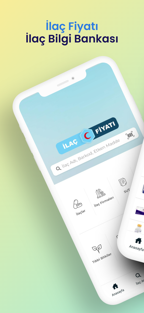 İlaç Fiyatı - Home screen of the Ilac Fiyati mobile app showing a search bar for medications and icons for medicines and pharmaceutical companies.