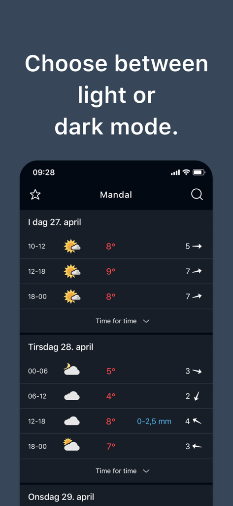 Yr.no - Interface de l'application météo Yr.no montrant des prévisions quotidiennes détaillées en mode sombre.