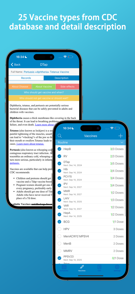 Screenshots of the Vaccines Log app showing detailed vaccine descriptions and a routine immunization tracking list based on CDC guidelines.
