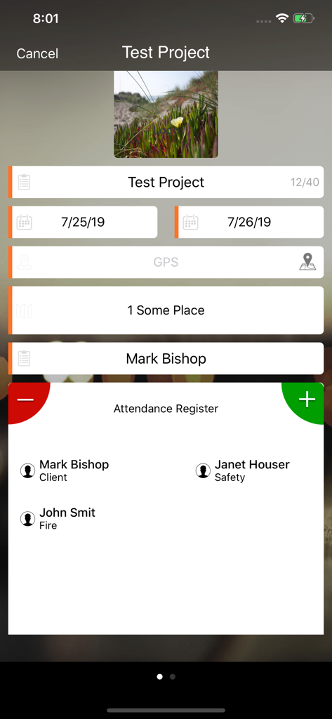 Interfaccia di Snag-App che mostra i dettagli del progetto e un registro delle presenze in cantiere per un'ispezione.