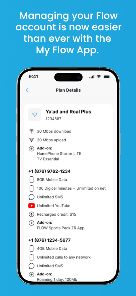 Smartphone screen showing service plan details including internet speed and mobile data usage in the My Flow app