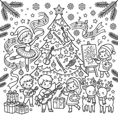 Dive into a magical Christmas celebration with this delightful coloring page designed for kids. Featuring music, dance, art, and festive cheer, it's the perfect activity to spark creativity during the holiday season.