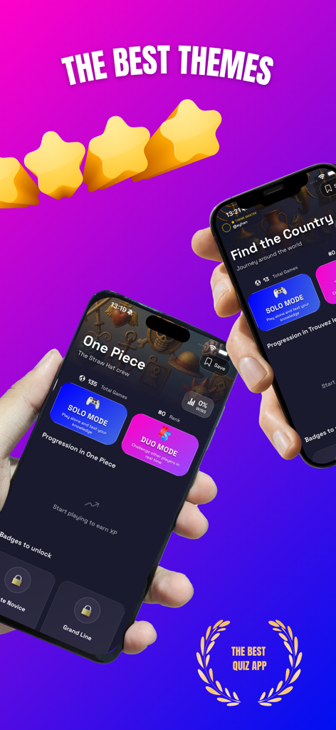 Mobile app interface of Quizzer showing different trivia themes and solo or duo game modes