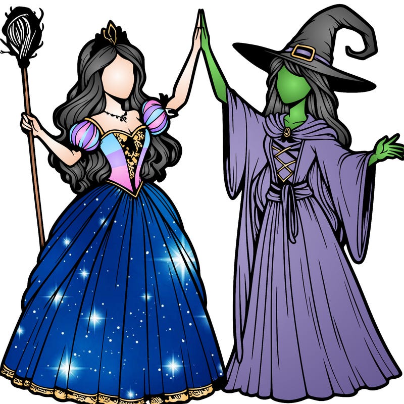 detailed realistic split of a princess and a witch