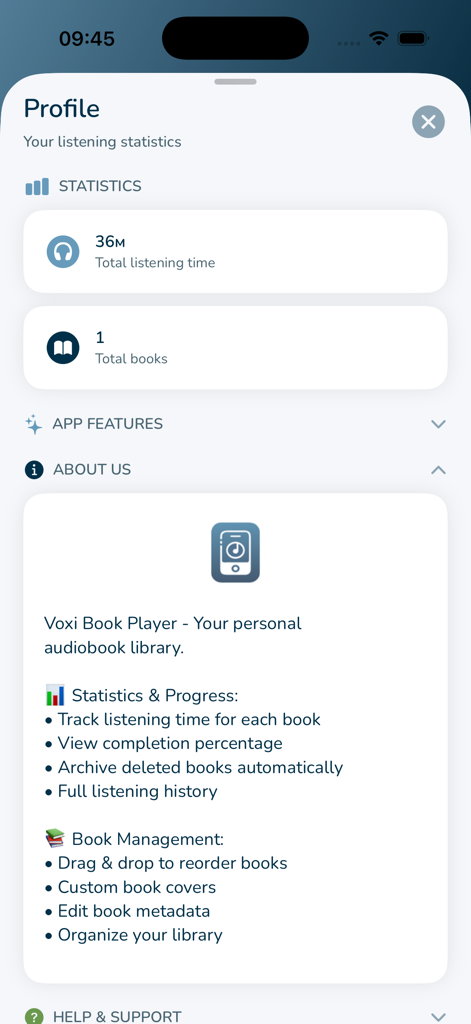 Voxi Book Player - Voxi Book Player user profile screen showing listening statistics and audiobook management features