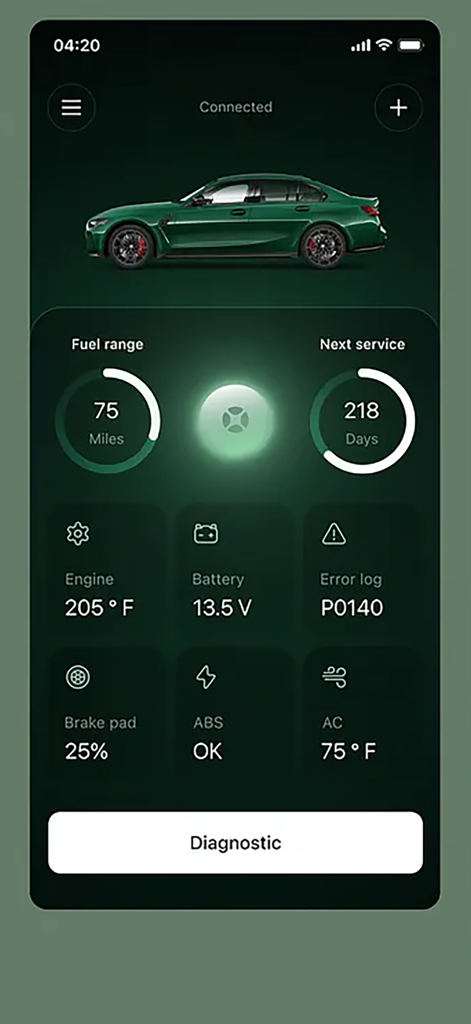 Torque Car - Pro OBD2 Scanner - Dashboard view of Torque Car app showing live vehicle diagnostics including engine temperature, battery voltage, and fault codes.