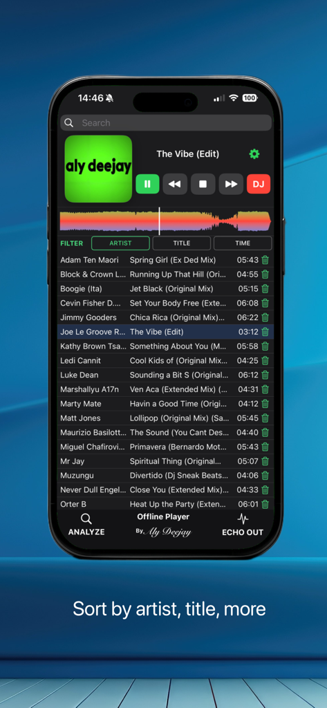 Mambo Player LITE screen displaying a music playlist sorted by artist and title