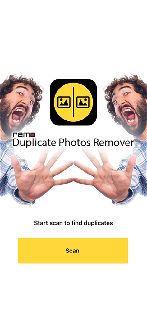 Remo Duplicate Photos Remover - The home screen of Remo Duplicate Photos Remover app featuring a Scan button to identify and remove duplicate images