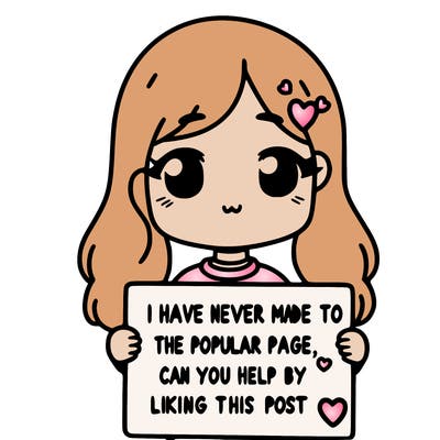 girl holding up a sign that says i have never made it to the popular page can you help by liking this post? with a heart