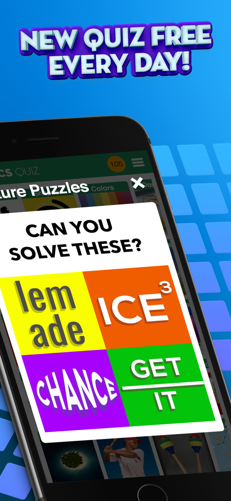 100 PICS Quiz app screenshot showing colorful word and picture puzzles with a daily free quiz offer.