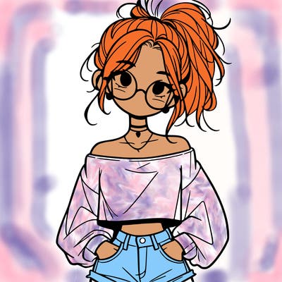 girl with a messy ponytail glasses a baggy crop top and jean shorts