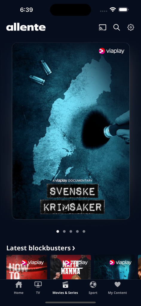Capture d'écran de l'interface de l'application mobile Allente montrant la section films et séries avec du contenu scandinave en vedette.