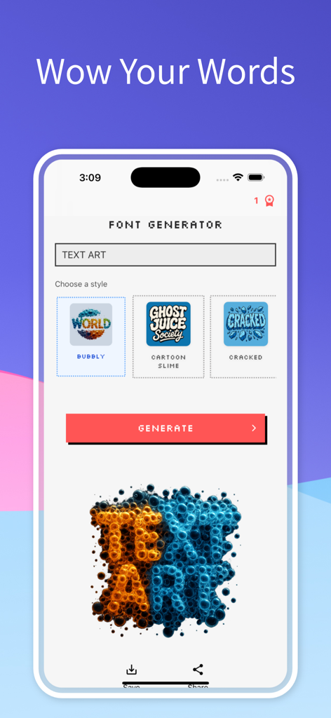 Font Generator - AI Text Art - バブル状の3Dエフェクトを持つAI生成テキストアートを表示する、フォントジェネレーターのモバイルアプリインターフェース。