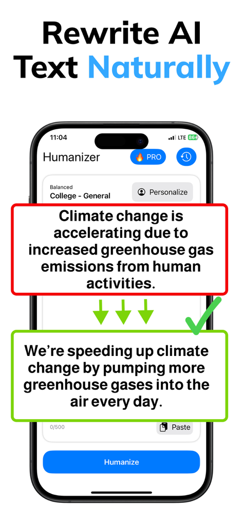 Mobile app interface of Pass AI Humanizer showing a comparison between robotic AI text and natural human writing for an essay about climate change.