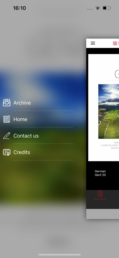 Il menu di navigazione laterale dell'app Swiss Wine con le sezioni Home e Archivio.